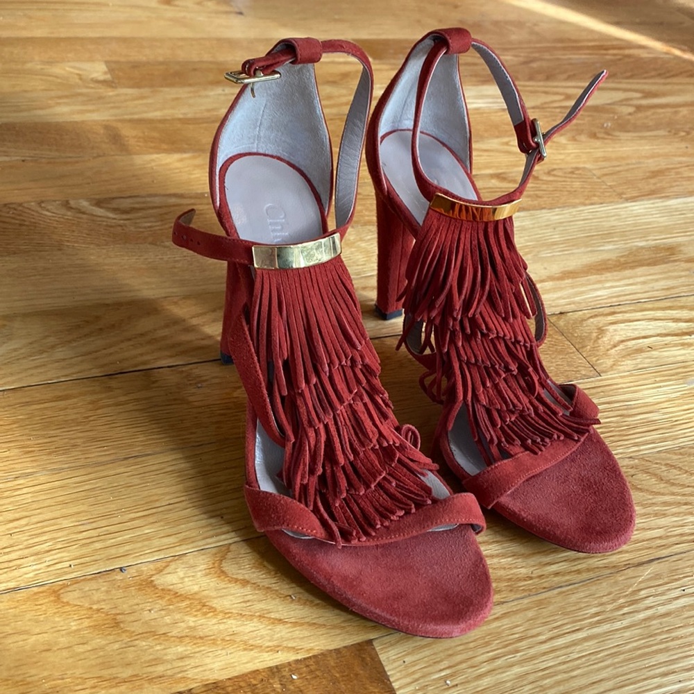 Chloé orange/red suede ankle strap heels